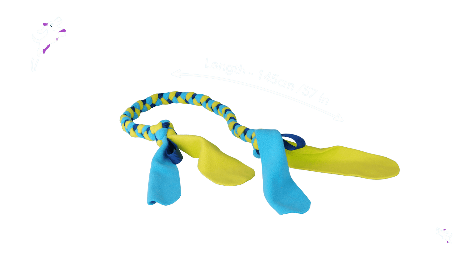 CoA Coachi Tuggi Tug Navy, Lime & Light Blue dog toy measuring 145cm, featuring durable braided rope and soft stretchy ends for tough play.