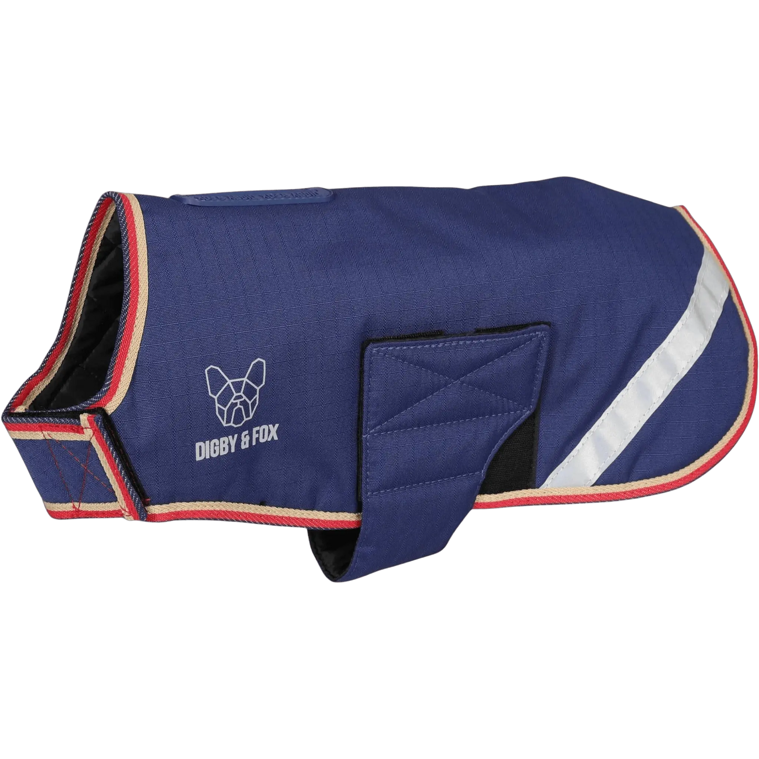 Navy Digby & Fox Waterproof Dog Coat featuring a reflective band and red trim, designed for warmth and visibility during cold weather walks.