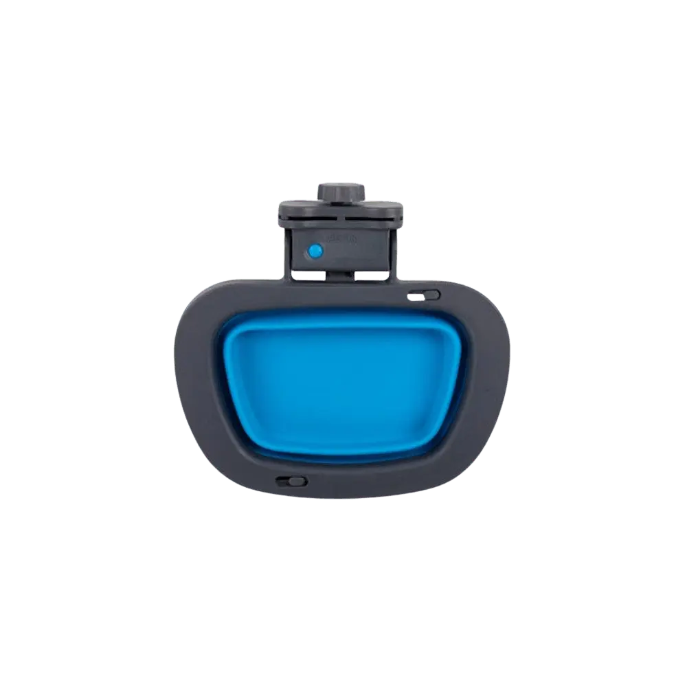 Top view of Dexas Collapsible Kennel Bowl Large in blue, showcasing compact design and secure latch for pet travel convenience.