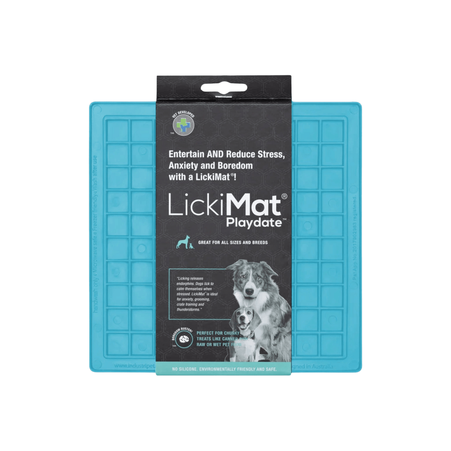 LickiMat® Classic Playdate™ blue pet training aid for dogs and cats, encourages licking to reduce boredom and anxiety.