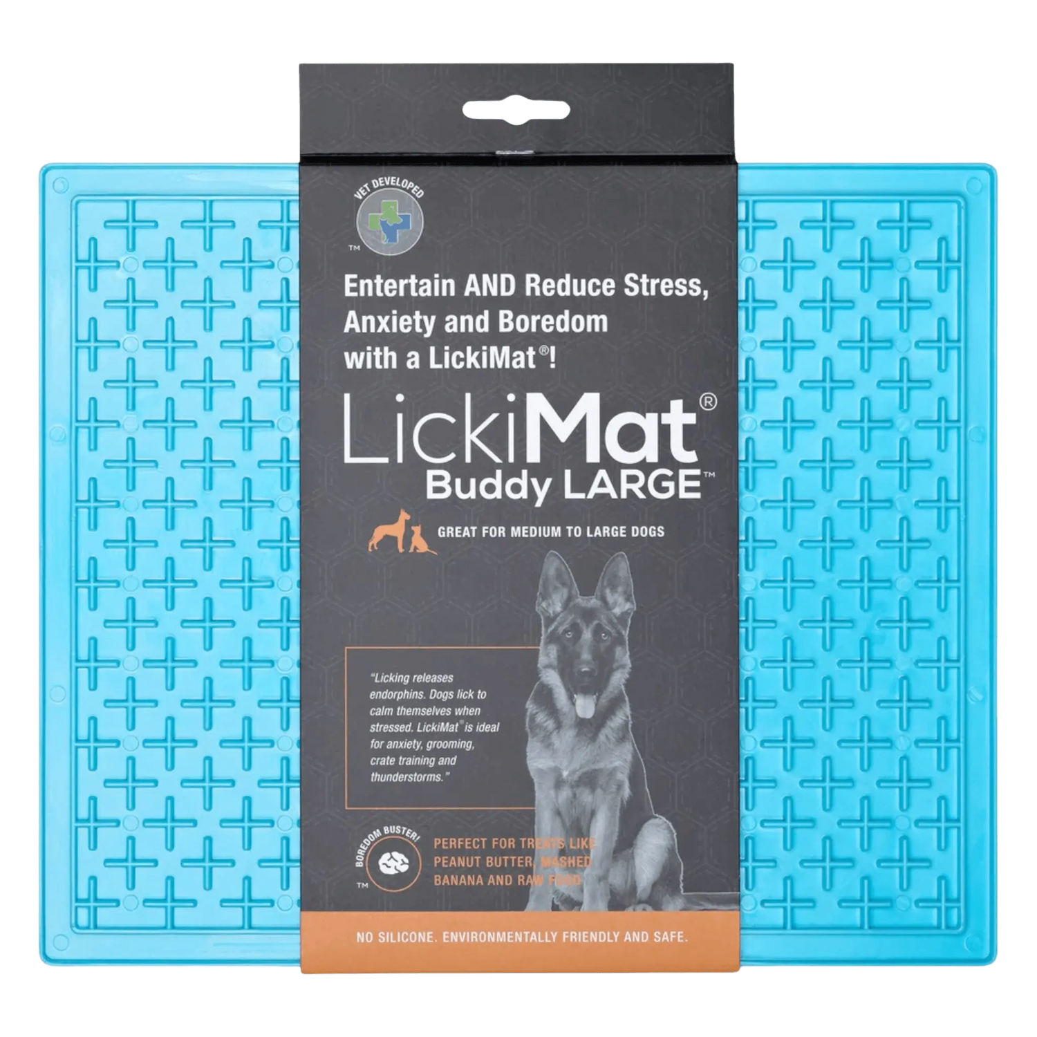 LickiMat® Classic Buddy™ XL in blue, a pet training aid that promotes calm behavior by encouraging slow feeding with treats or wet food.