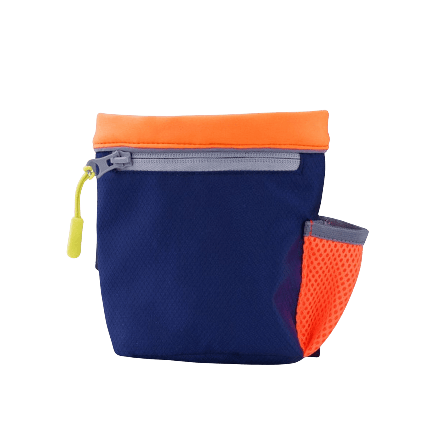 CoA Treat Bag in navy with orange trim and mesh pocket, ideal for dog training and treat storage on walks.