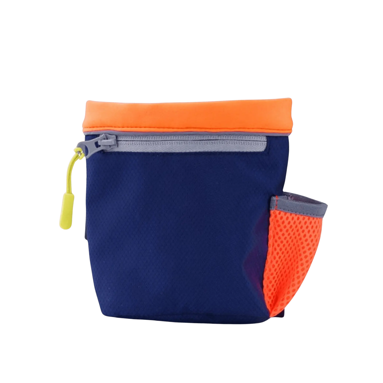 CoA Treat Bag in navy with orange trim and mesh pocket, ideal for dog training and treat storage on walks.