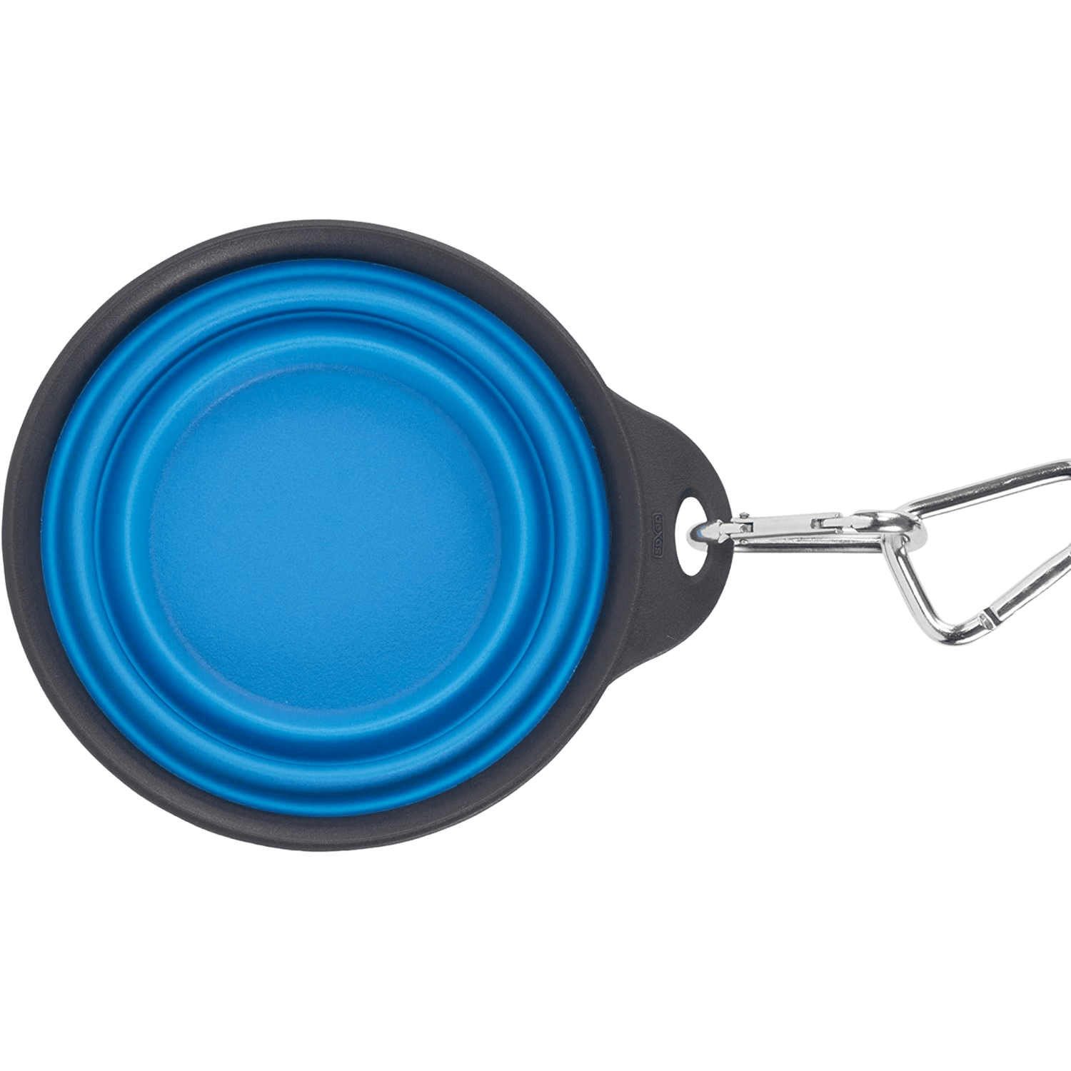 Top view of folded Dexas Travel Cup, Large 473ml in blue with carabiner, showcasing compact design for portable pet feeding solutions.