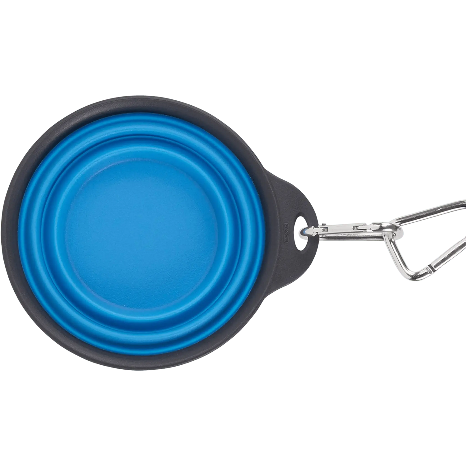 Top view of folded Dexas Travel Cup, Large 473ml in blue with carabiner, showcasing compact design for portable pet feeding solutions.