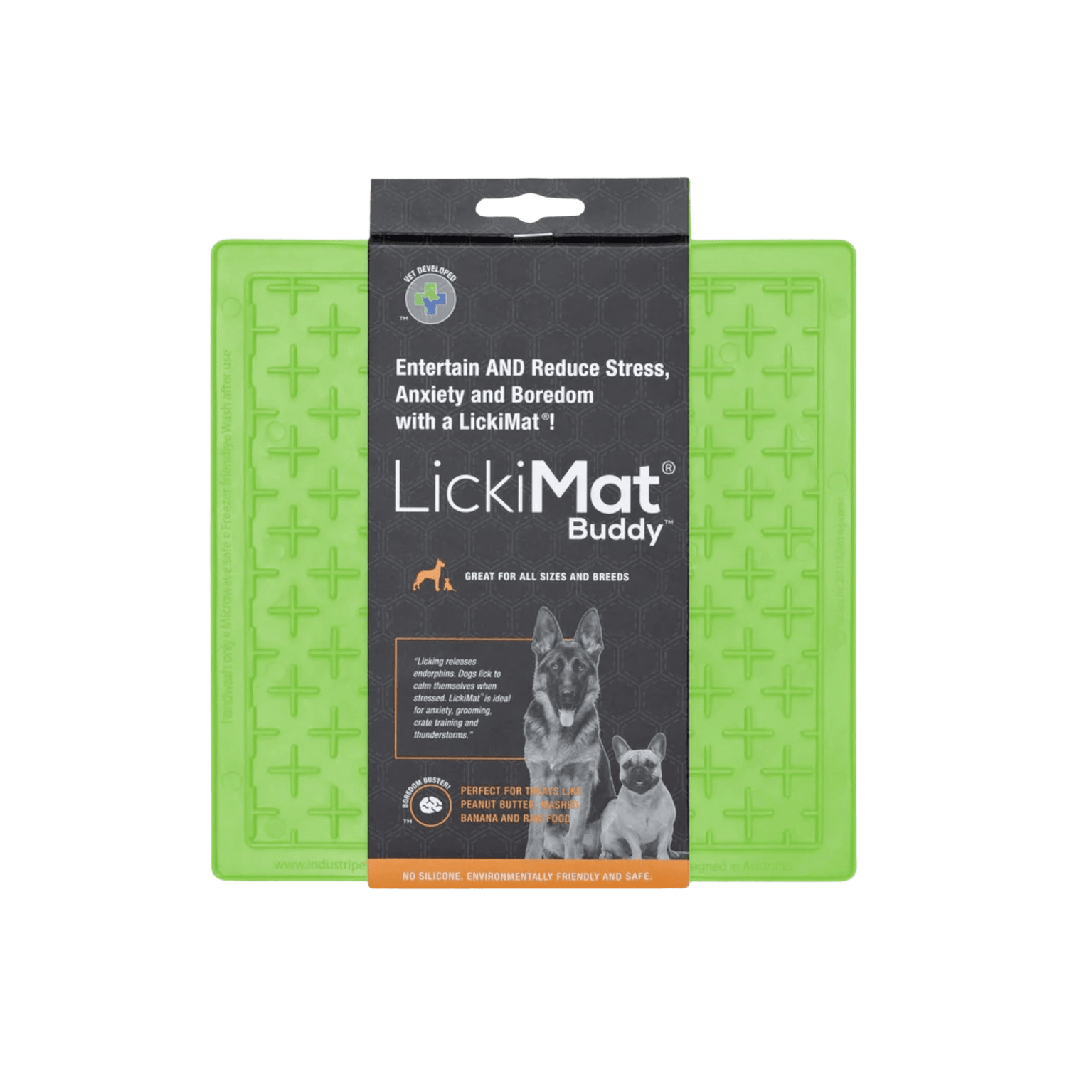 LickiMat® Classic Buddy™ in green, a textured slow feeder mat for dogs and cats. Helps reduce anxiety and promotes healthy eating habits.