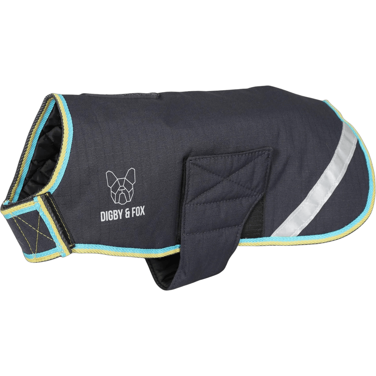 Digby & Fox Waterproof Dog Coat in grey with reflective strip and suede-look trim, ideal for keeping dogs dry and stylish outdoors.