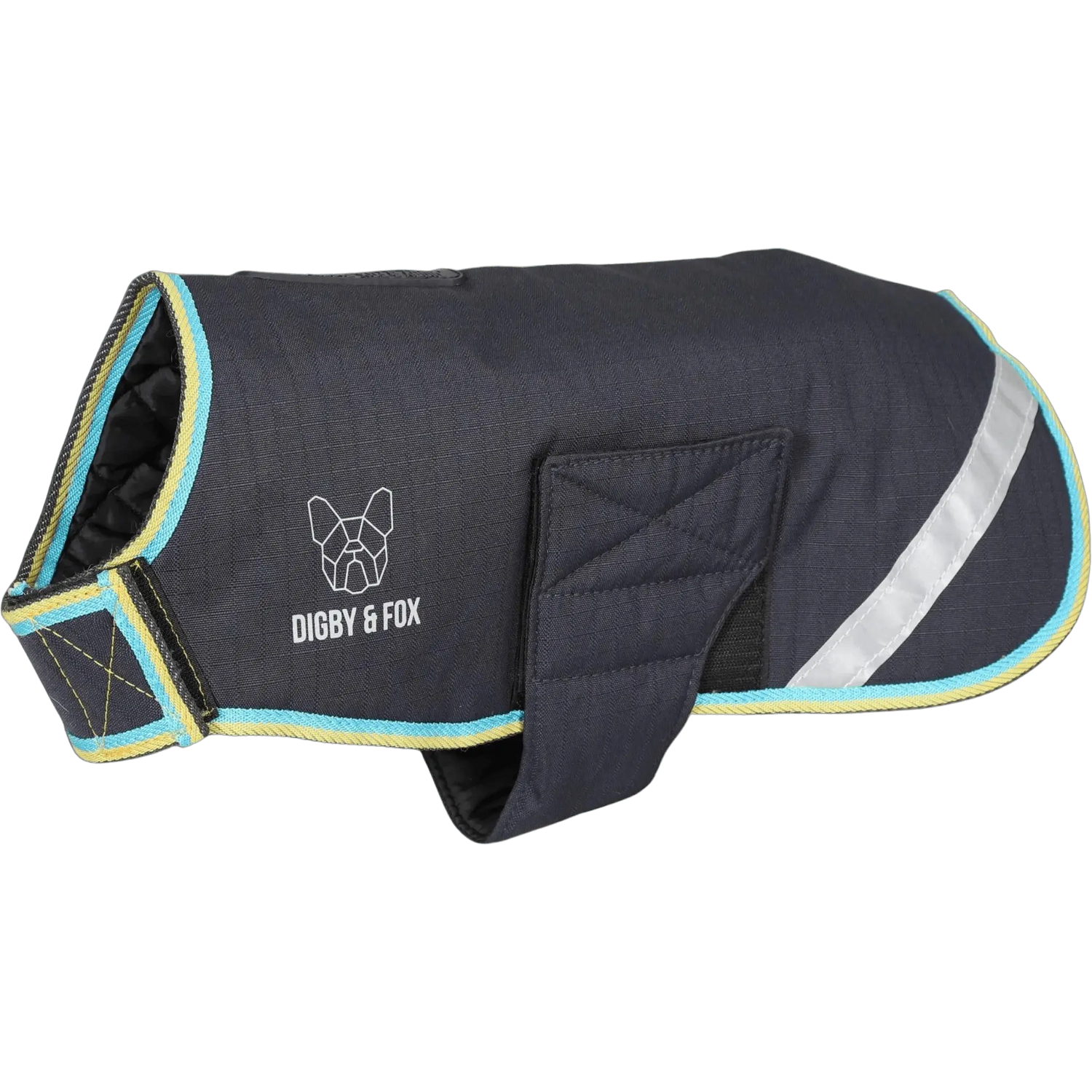 Digby & Fox Waterproof Dog Coat in grey with reflective strip and suede-look trim, ideal for keeping dogs dry and stylish outdoors.