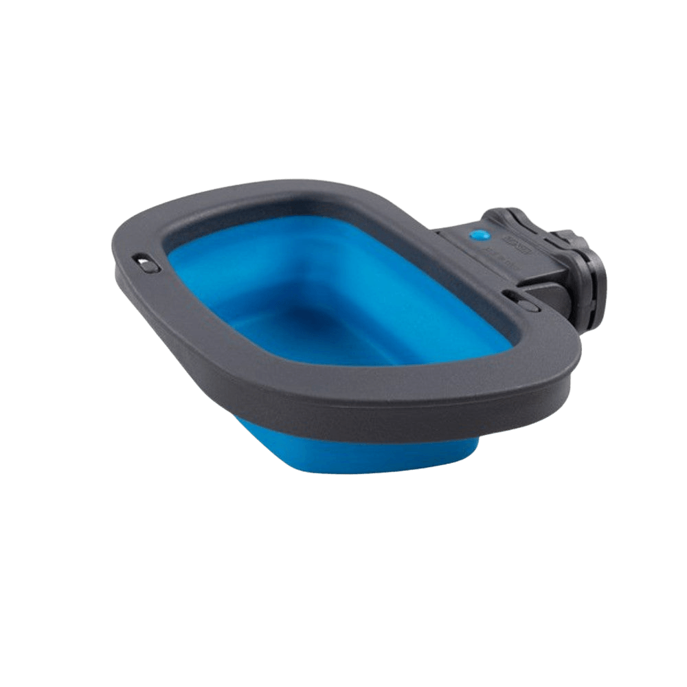 Dexas Collapsible Kennel Bowl Large in blue with snap-lock latch, ideal for travel and outdoor pet feeding or watering.