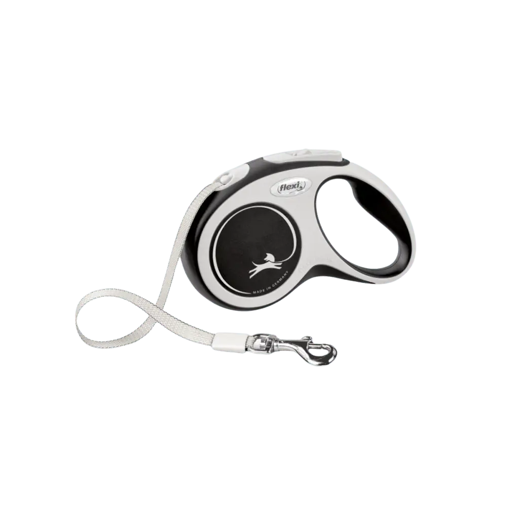 FLEXI New Comfort Retractable Dog Leash - Tape in black and gray with ergonomic grip and durable tape lead for pet walking convenience