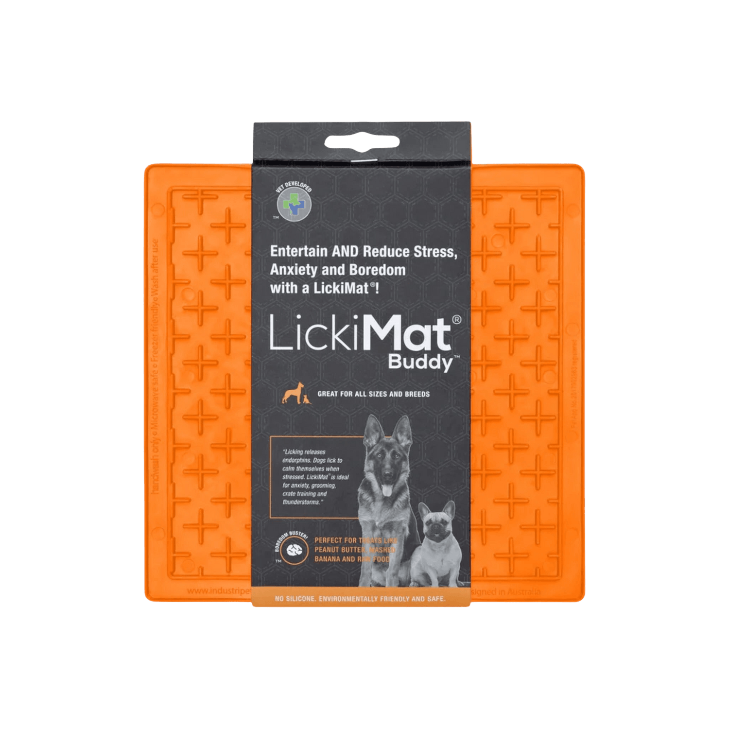 LickiMat® Classic Buddy™ in orange, designed to entertain pets and slow down feeding. Perfect for treats, spreads, and raw food.