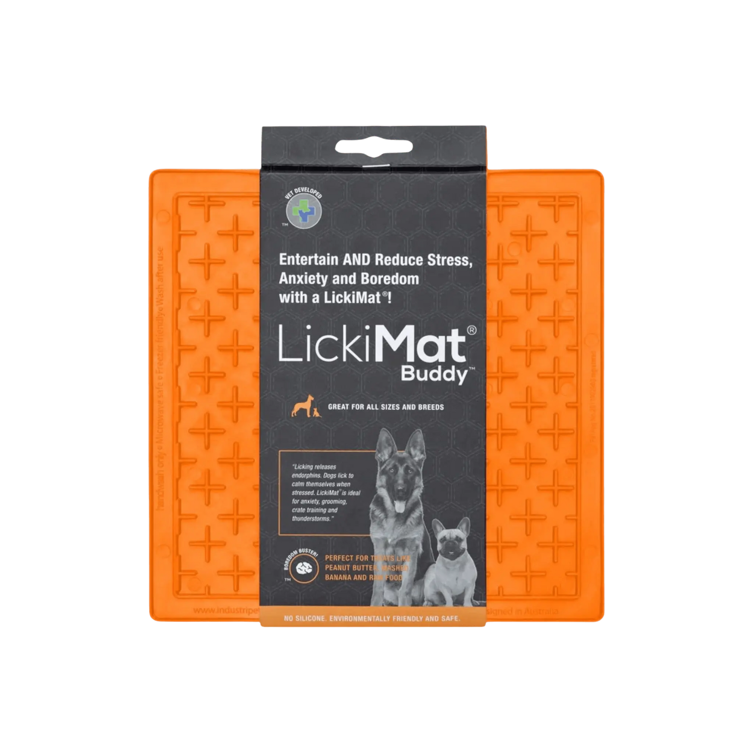 LickiMat® Classic Buddy™ in orange, designed to entertain pets and slow down feeding. Perfect for treats, spreads, and raw food.