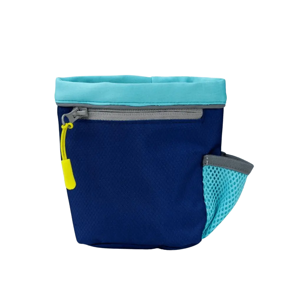 CoA Treat Bag in navy with light blue trim and mesh pocket, perfect for pet training sessions and treat dispensing.