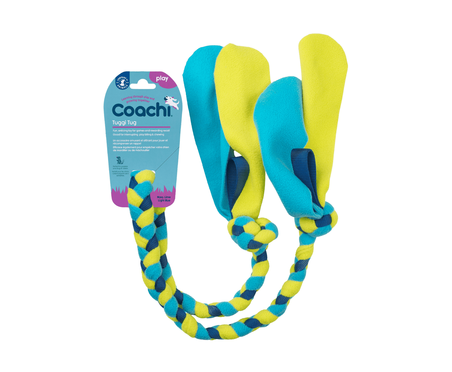 CoA Coachi Tuggi Tug Navy, Lime & Light Blue dog toy with braided rope and soft fabric ends, ideal for tug-of-war and interactive play.