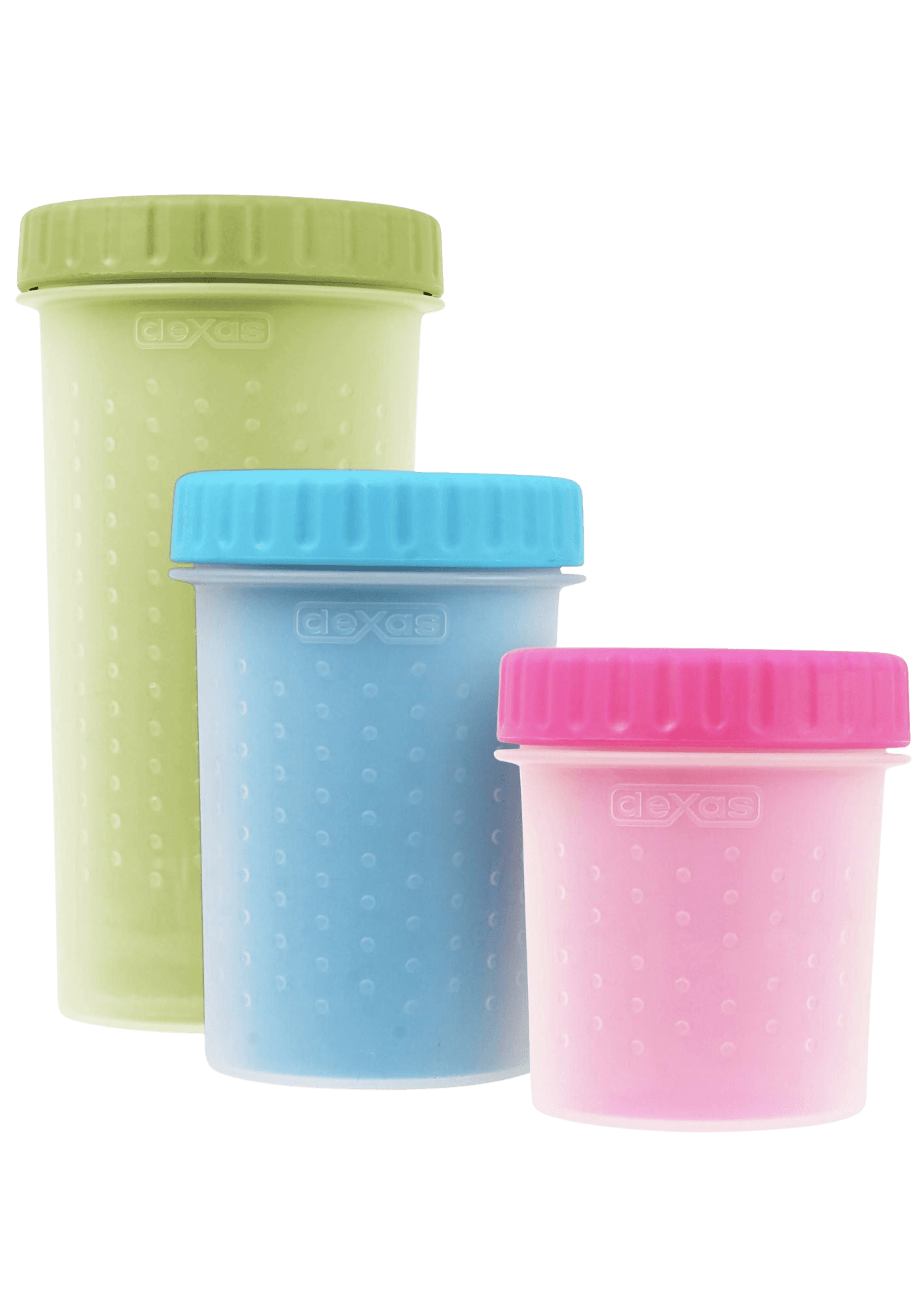 Dexas Mudbuster dog paw cleaners in green, blue, and pink, shown in small, medium, and large sizes for pet grooming convenience.
