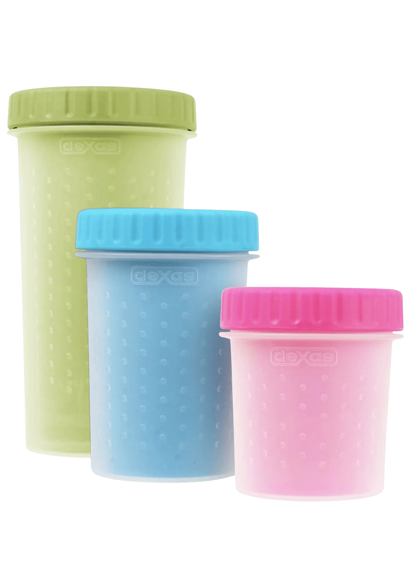 Dexas Mudbuster dog paw cleaners in green, blue, and pink, shown in small, medium, and large sizes for pet grooming convenience.