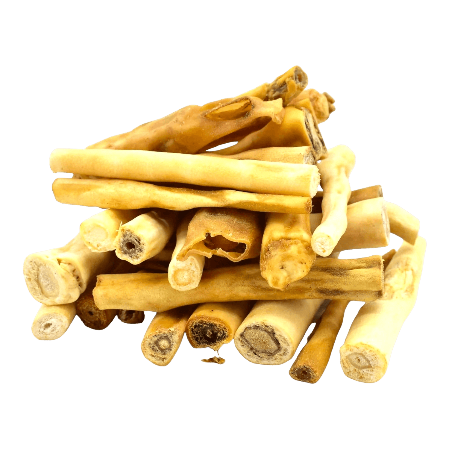 Natural Treats Cows Tails dog chews made from 100% beef tails, stacked in a pile. High-protein, low-fat dental treats for dogs.