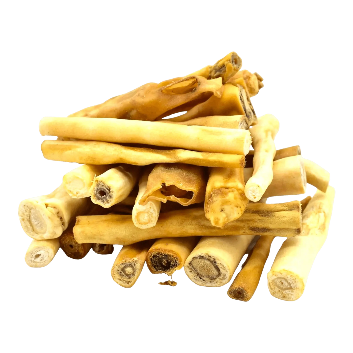 Natural Treats Cows Tails dog chews made from 100% beef tails, stacked in a pile. High-protein, low-fat dental treats for dogs.