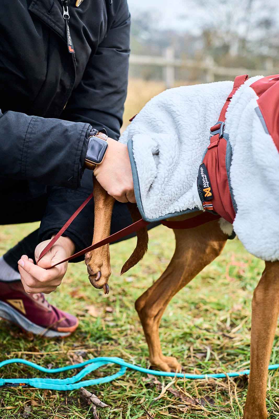 Non-stop Dogwear Trekking fleece dog jacket leg straps detail