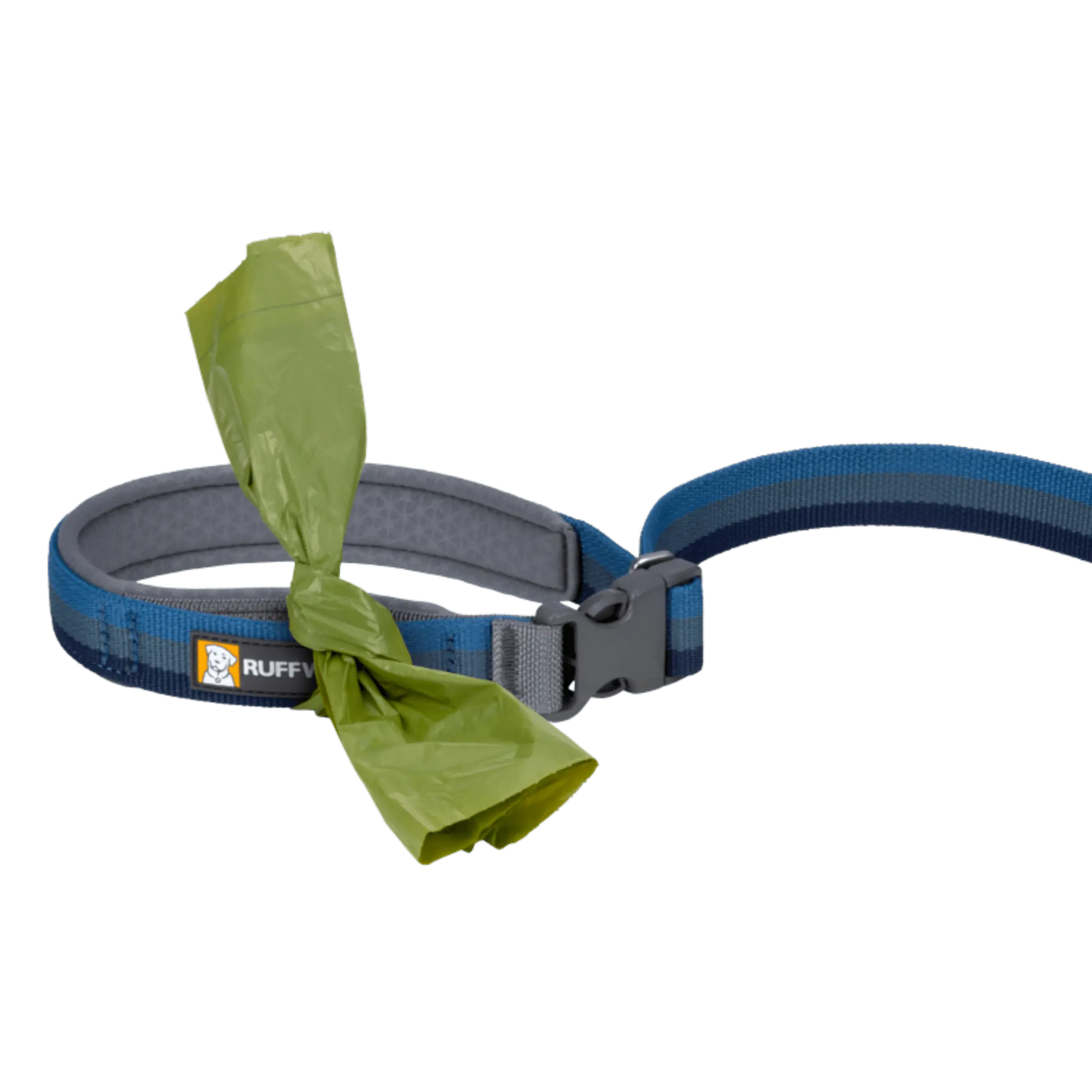 Ruffwear Roamer™ Leash handle with green waste bags attached, showing built-in convenience for pet owners on the go.