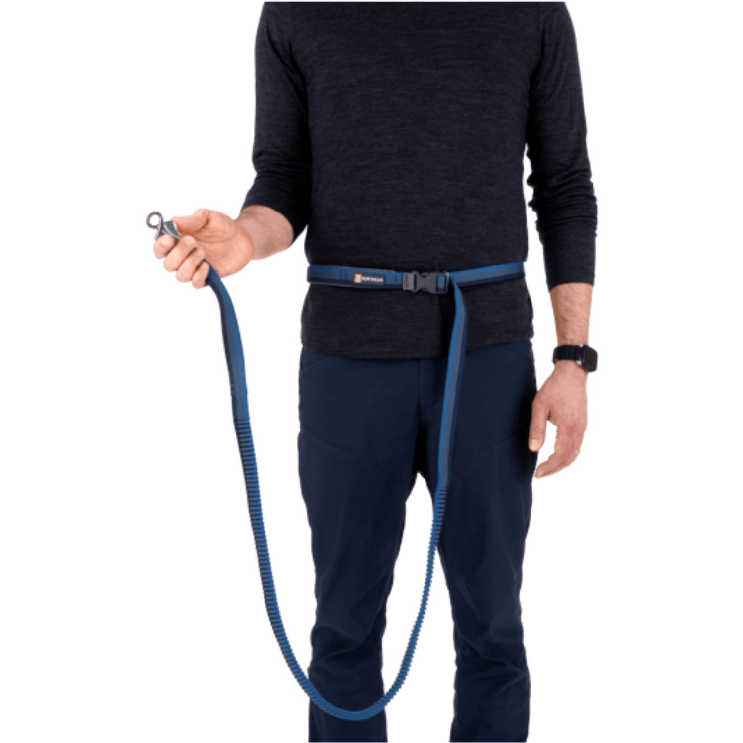 Person wearing Ruffwear Roamer™ Leash around waist in hands-free mode, ideal for running or hiking with dogs.