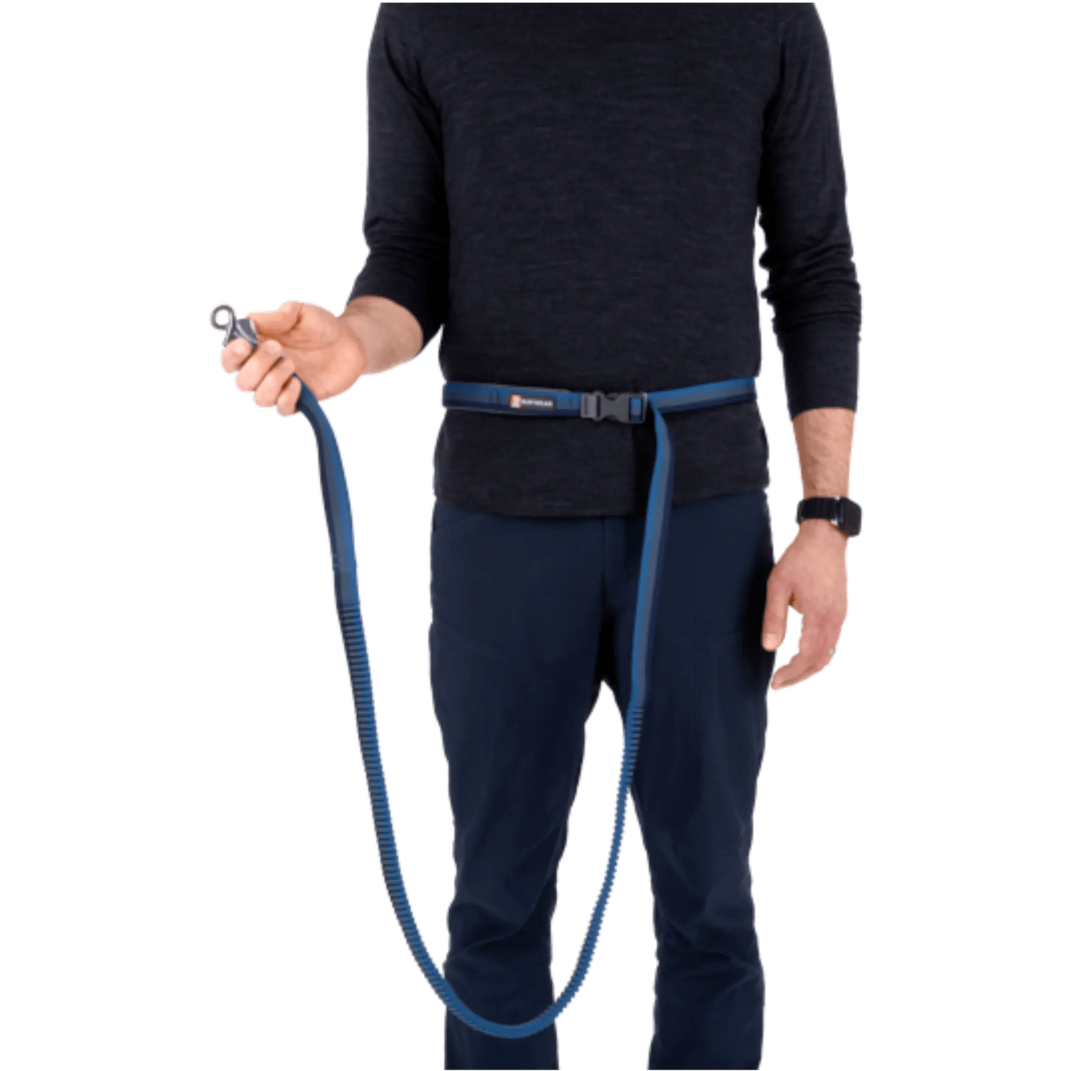 Person wearing Ruffwear Roamer™ Leash around waist in hands-free mode, ideal for running or hiking with dogs.