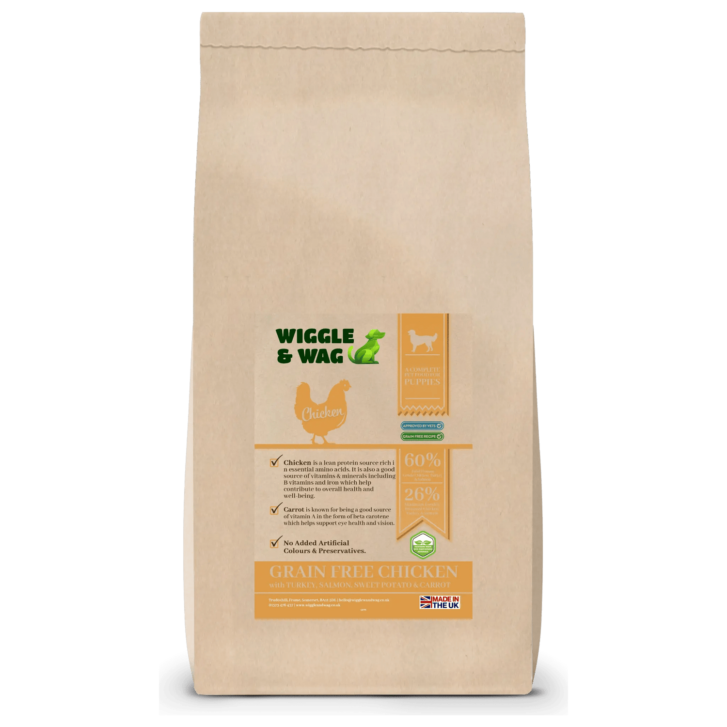 Wiggle & Wag Grain Free Puppy Food | Chicken, Turkey & Salmon with Sweet Potato Meta