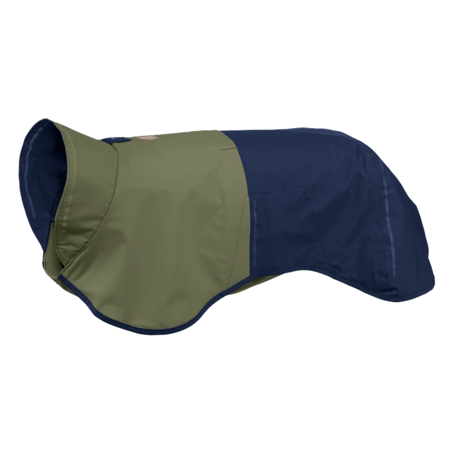 Ruffwear Sun Shower™ Dog Rain Coat in green and navy, lightweight and windproof pet apparel for rainy weather adventures.