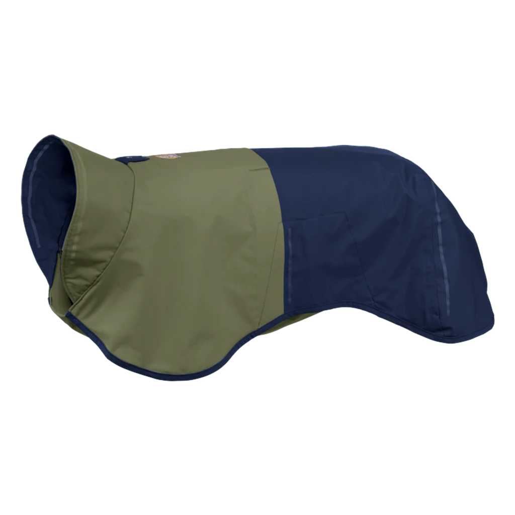 Two-tone green and navy dog coat on a white background