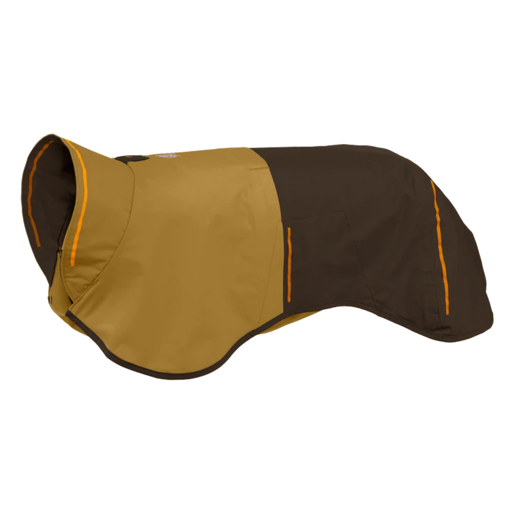 Brown and beige dog coat with orange accents on a white background