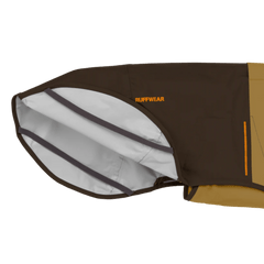 Close-up of Ruffwear Sun Shower™ Dog Rain Coat interior, showing seam-sealed lining and breathable waterproof fabric.