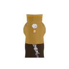 Top view of Ruffwear Sun Shower™ Dog Rain Coat in yellow and brown with leash portal and reflective logo for visibility.