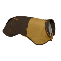 Rear angled view of Ruffwear Sun Shower™ Dog Rain Coat in yellow and brown, showing extended coverage and waterproof seams.