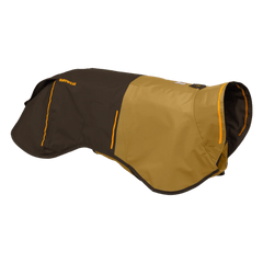 Side view of Ruffwear Sun Shower™ Dog Rain Coat in yellow and brown, highlighting durable construction and reflective trim.