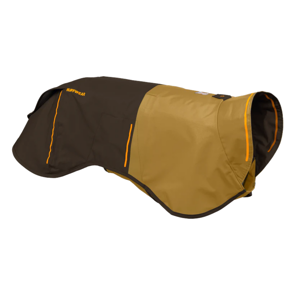 Brown and beige dog coat with orange accents on a white background