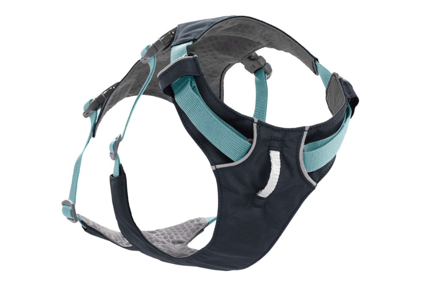 Rear angle of Ruffwear Flagline™ Dog Harness with handle, showing breathable mesh lining and durable construction for rugged terrain.