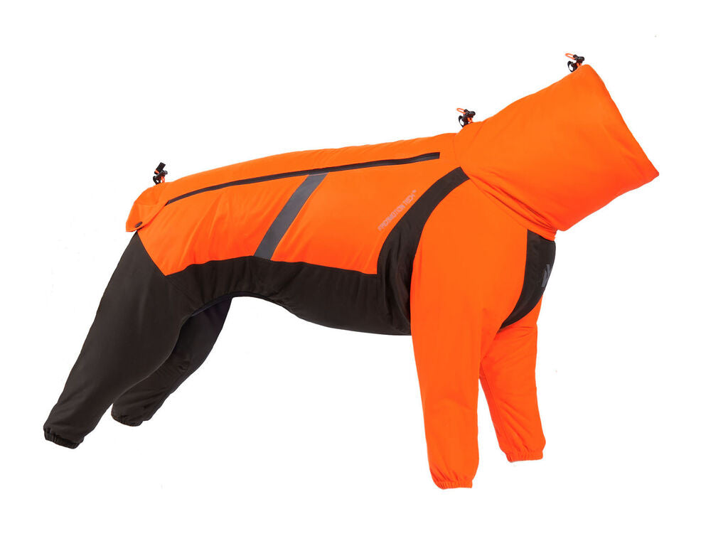 An orange and black dog raincoat with a hood, designed to protect the dog from rain.