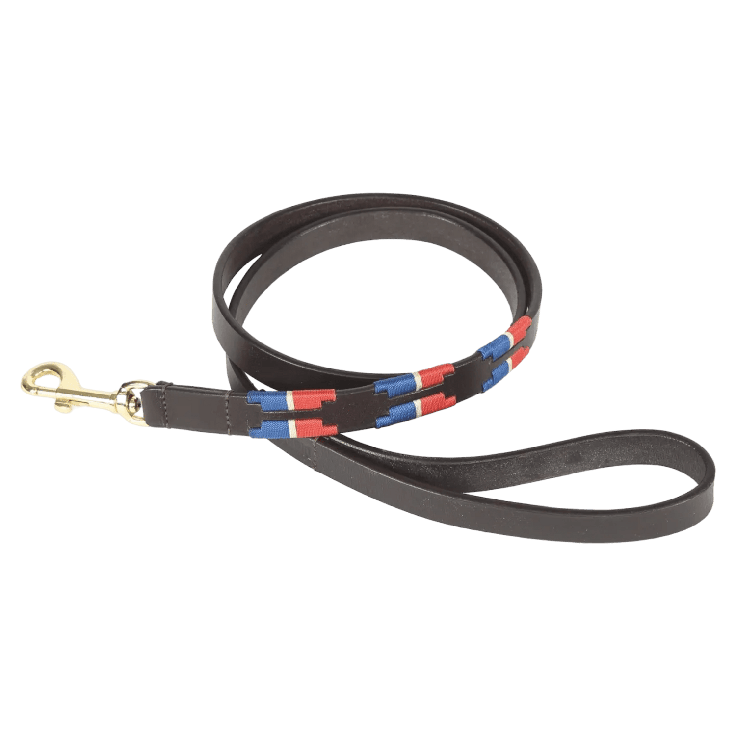 Digby & Fox Drover Polo Dog Lead in conker brown leather with red, blue, and white hand-stitched pattern, ideal for stylish dog walks.