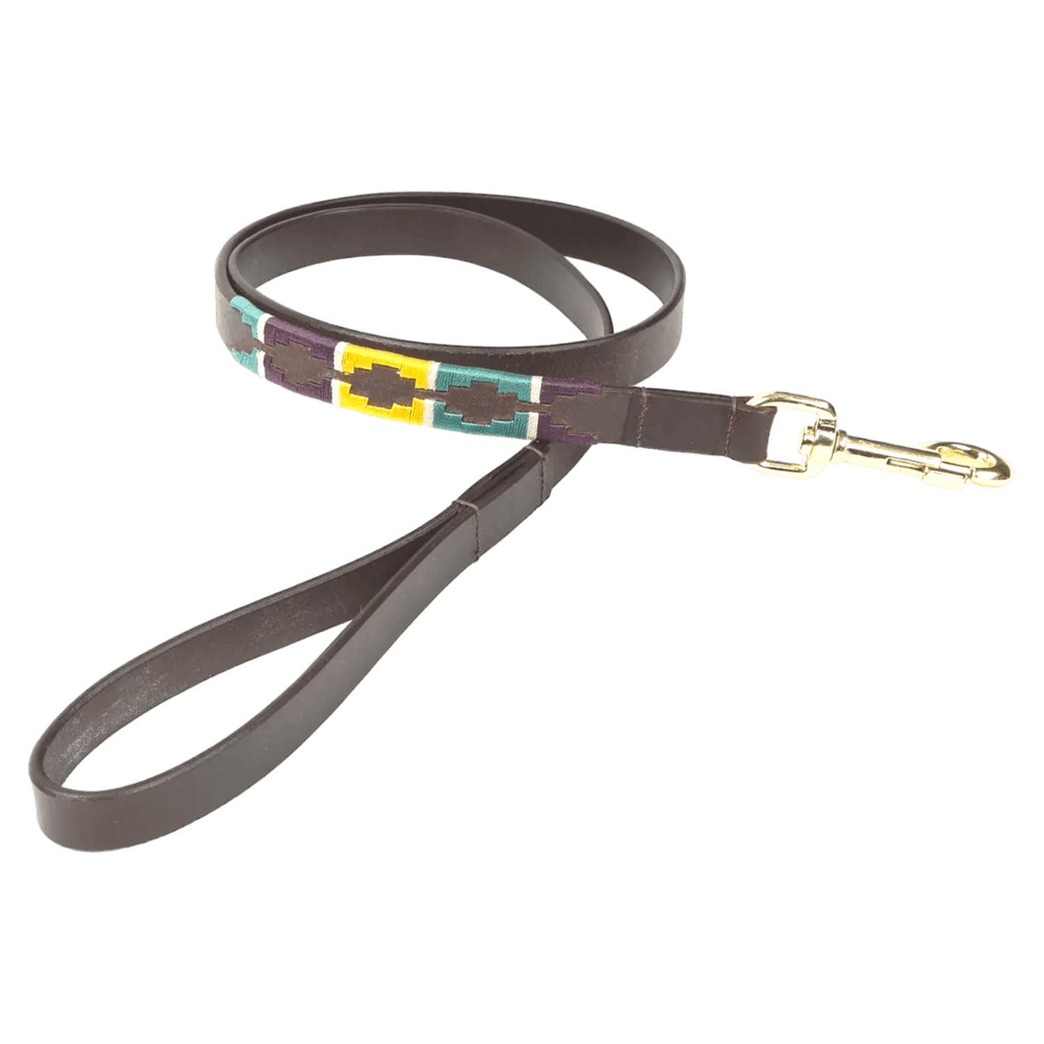 Digby & Fox Drover Polo Dog Lead featuring conker brown leather and yellow, teal, and purple stitched design, perfect for fashionable pets.