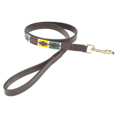 Digby & Fox Drover Polo Dog Lead featuring conker brown leather and yellow, teal, and purple stitched design, perfect for fashionable pets.