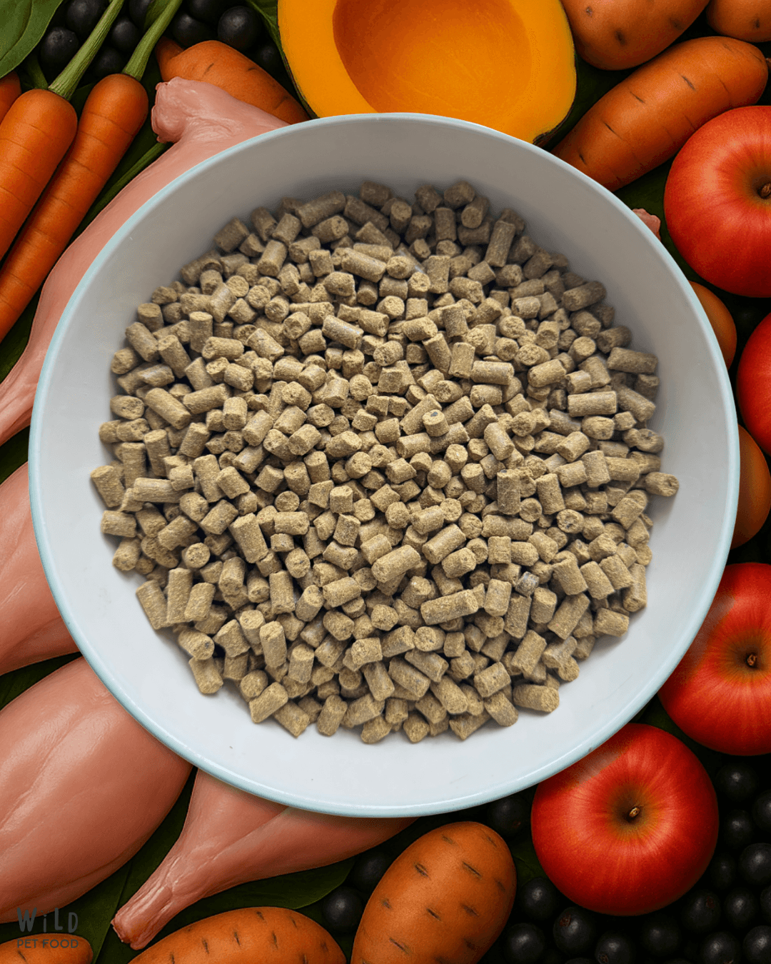 A bowl filled with Wild pet food Rabbit 80-20 complete dog food surrounded by carrots, apples, and other vegetables.