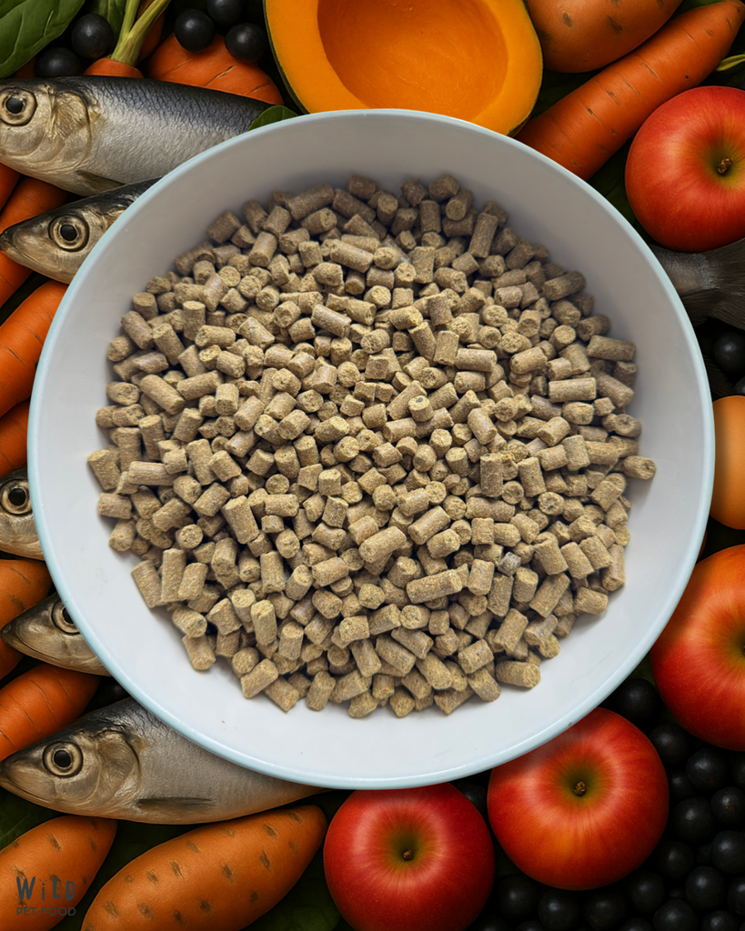 A White bowl filled with Wild Pet Food Herring 80:20 Cold-Pressed Complete Dog Food surrounded by fish, carrots, and apples.