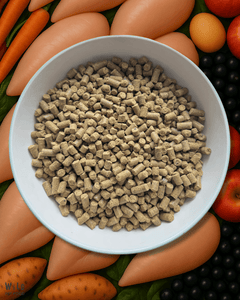 Bowl of Wild Pet Food Cold-Pessed Chicken surrounded by carrots, eggs, and apples