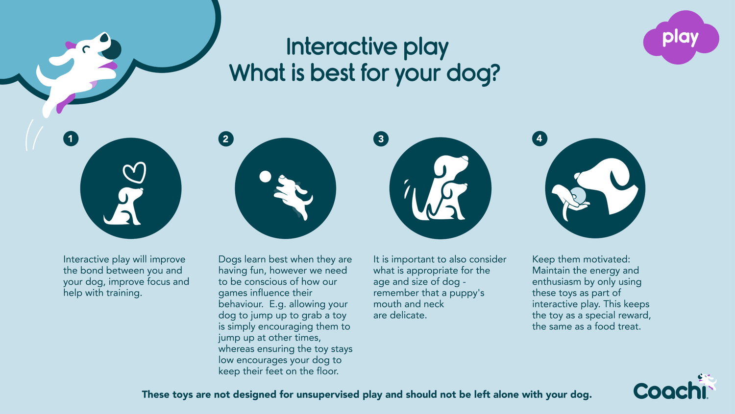 Visual guide on redirecting biting and mouthing behavior in puppies using CoA Coachi Chase & Treat toy.