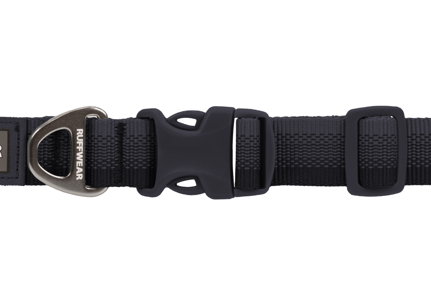 Close-up of the Ruffwear Front Range™ Dog Collar in black, highlighting the sturdy buckle, adjustment sliders, and metal leash ring.
