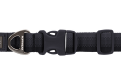 Close-up of the Ruffwear Front Range™ Dog Collar in black, highlighting the sturdy buckle, adjustment sliders, and metal leash ring.