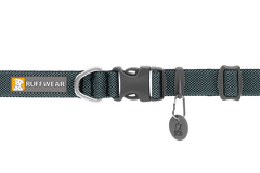 Flat lay of Ruffwear Hi & Light™ Dog Collar in twilight gray showing adjustable strap, D-ring, and tag holder for pet identification.