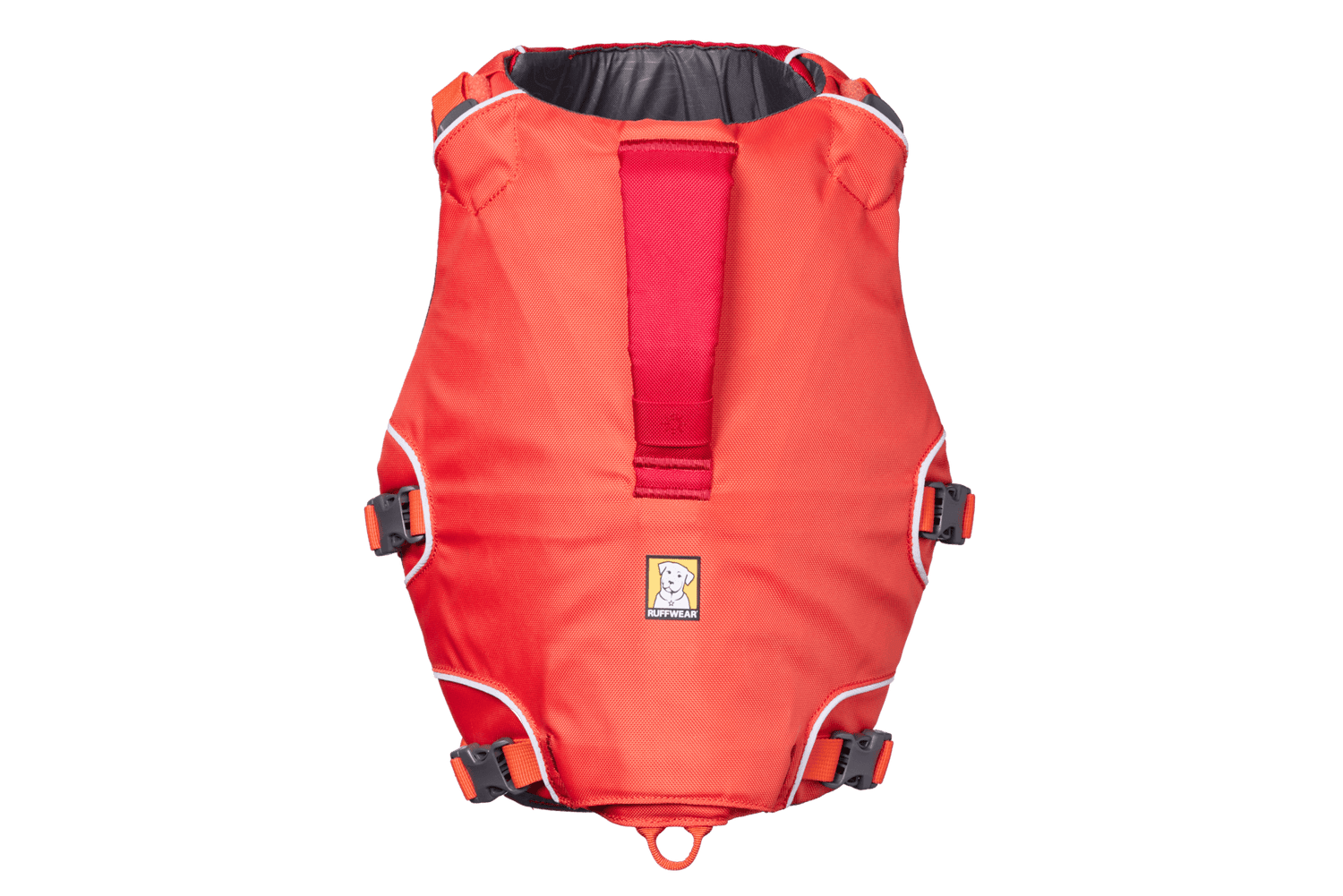 Top-down view of Ruffwear - Confluence Life Jacket showing streamlined design and reinforced handle for lifting dogs during water activities.