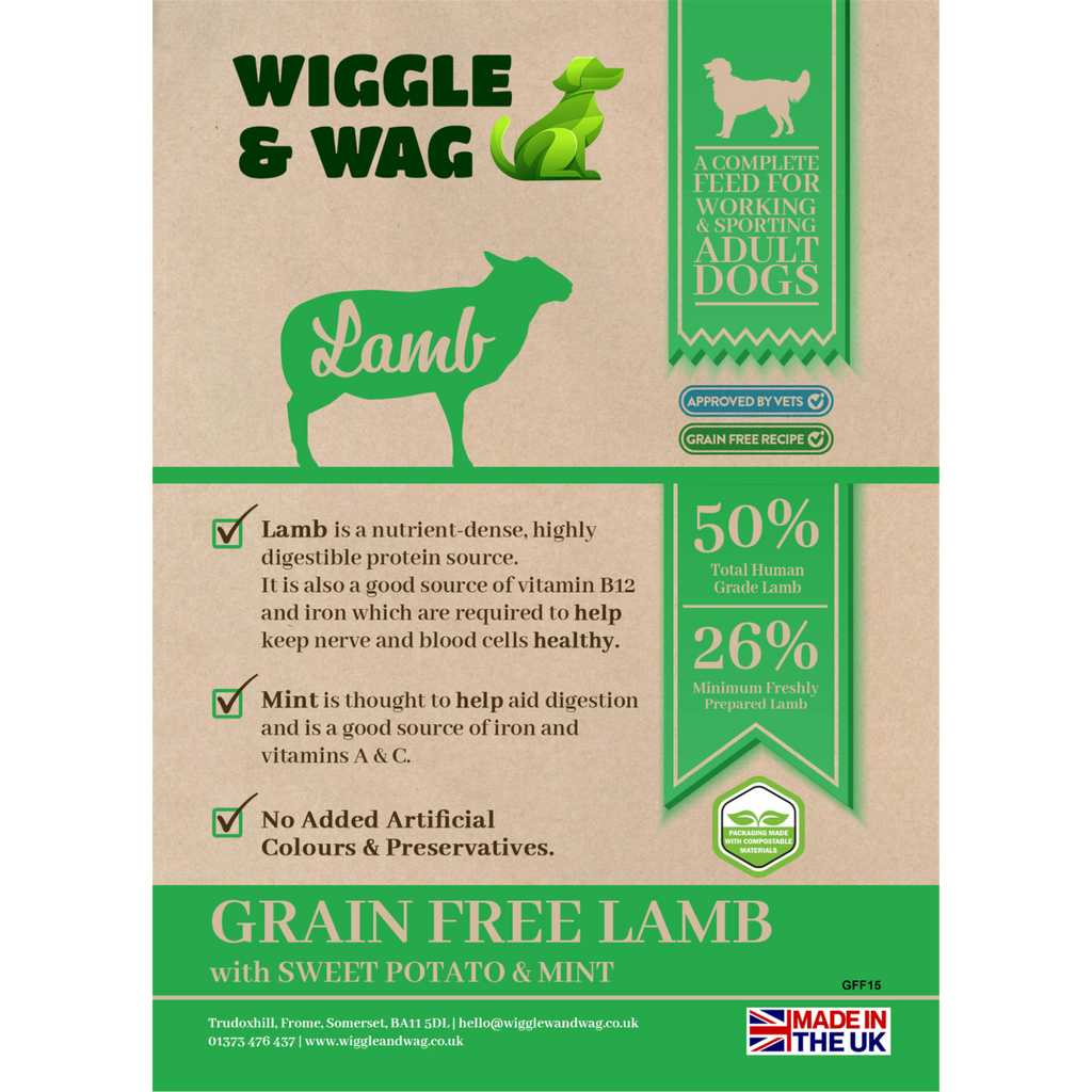 Wiggle and Wag Grain Free Lamb, Sweet Potato & Mint, Complete Working Adult Dog Food
