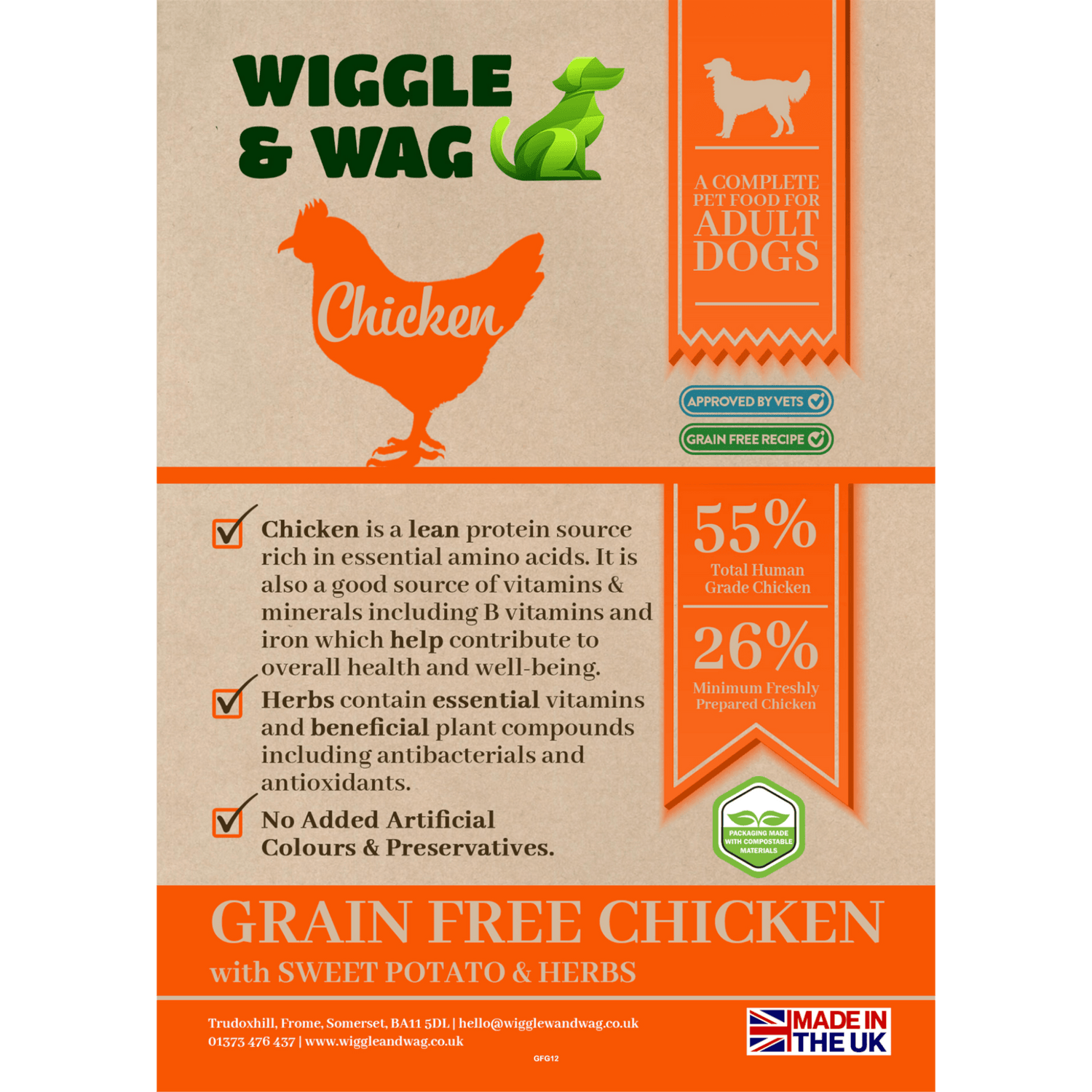 Wiggle and Wag Grain Free Chicken, Sweet Potato & Herbs, Complete Adult Dog Food